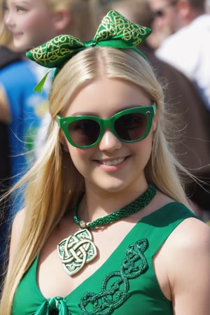 Celts,Celts carnival,beautiful girl, looking_at_viewer,sun glasses,blonde hair,fair skinned,Celtic outfit,in a carnival,St Patrick,St Patrick's day