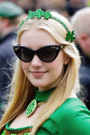 Celts,Celts carnival,beautiful girl, looking_at_viewer,sun glasses,blonde hair,fair skinned,Celtic outfit,in a carnival,St Patrick,St Patrick's day