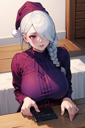 1girl, perfect,light,front view,front facing, mei mei, long hair, very long hair, braid, (hair over one eye:1.5), braided ponytail, one eye covered, braided bangs, (purple eyes:1.1), absurdres, highres, ultra detailed,colored eyelashes, , ginger eyelashes, large breasts,  1 girl,High detailed,,Santa hat,short hair,santa costume,sntdrs,nn1, 1girl,meidef,purple eyes, huge breasts, purple eyes, long hair, braid, single braid, braided bangs, white hair, grey hair, hair over one eye, braided ponytail, long sleeves, breasts,