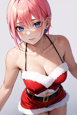 1girl, perfect,light,front view, front facing, ichika nakano, short hair, bangs, blue eyes, hair between eyes, pink hair, earrings,1 girl,High detailed,xy pose, full view, cleavage, navel, thighs,ichika nakano, from above, close up, ,sntdrs, red santa dress, fur, belt