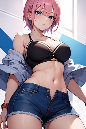 1girl, perfect,light,front view, front facing, ichika nakano, short hair, bangs, blue eyes, hair between eyes, pink hair, earrings,1 girl,High detailed,xy pose, full view, cleavage, navel, thighs,ichika nakano, from below, close up, ,