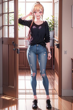 30 years old,
ponytail,modeling pose, foreground,full_body,oversized jeans,kitagawa marin sb,kitagawa marin sb,1girl, solo, open mouth, grin, smile,long hair, blonde hair, red eyes, multicolored hair, earrings,breasts