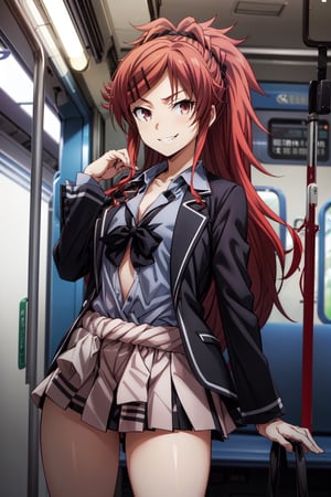 solo, 1girl, looking at viewer, 2D, anime, anime coloring, (metro train background:1.3), , asuha chigusa, school uniform, looking at viewer, smile, smirk,asuha chigusa,mini skirt,unbuttoned shirt,sexy model pose,HD,thighs,clevage,flaunting,flash,