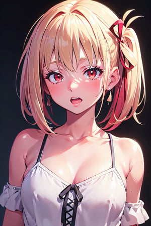 chisatonishikigi, , nishikigi chisato, short hair, bangs, blonde hair, (red eyes:1.5), hair ribbon, one side up, bob cut,BREAK japanese,shirt, bare shoulders, twintails, collarbone, hair ribbon, white shirt, white camisole,frills, off shoulder, BREAK outdoors, track and field,BREAK looking at viewer, BREAK , (masterpiece:1.2), best quality, high resolution, unity 8k wallpaper, (illustration:0.8), (beautiful detailed eyes:1.6), extremely detailed face, perfect lighting, extremely detailed CG, (perfect hands, perfect anatomy), vape ,ahg, eyes rolling, orgasm, ecstasy, climaxed, sexy , orgasmic expression, fucked brains out, showing cleavage, bending, going crazy in orgasm, ((((orgasm)))) ,white camisole, medium breasts, 