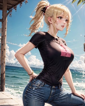 Cute girl wearing a t shirt and jeans,beach ,sunlight,blonde hair,ponytail,bending,sexy pose,breasts,photorealistic