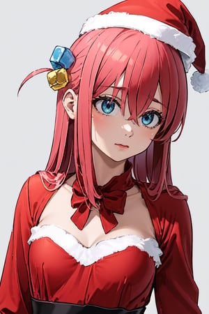 1girl, perfect,light,front view,front facing, best quality, aesthetics, detailed, alone, gotou1, gotou hitori, solo,  bangs, hair between eyes, long sleeves, medium breasts,  1 girl,High detailed,,Santa hat,short hair,santa costume,sntdrs,1girl,gotou1