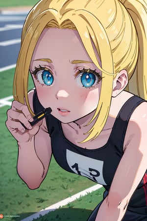 Highly detailed, High Quality, Masterpiece, beautiful, full body,  blonde hair, ,beatrix amerhauser,BREAK outdoors, track and field,BREAK looking at viewer, BREAK , (masterpiece:1.2), best quality, high resolution, unity 8k wallpaper, (illustration:0.8), (beautiful detailed eyes:1.6), extremely detailed face, perfect lighting, extremely detailed CG, (perfect hands, perfect anatomy), vape,High detailed ,beatrix amerhauser