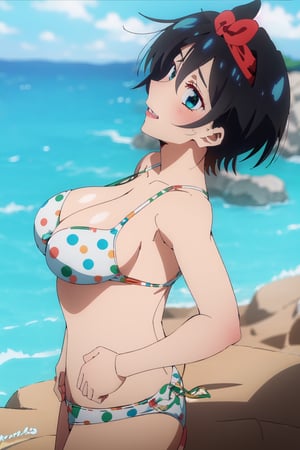 1girl, perfect,light,front view,front facing, 1girl, black hair, hairband, short hair, solo, hairband, blue eyes,ruka,  1 girl,High detailed,,short hair,,, 1girl,medium breasts, sarashina ruka, black hair, breasts, boobs,REIOVABIKINI, bikini, beach, front view, from top