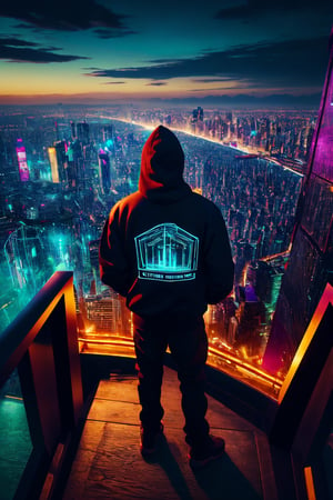 (((Human))),Solo,boy with hoodie,cliff,focus on city ,Realistic, 8k wallpaper,RAW Photo of CyberpunkWorld USB drive, cyberpunk style, photorealistic, (Masterpiece:1.3) (best quality:1.2) (high quality:1.1), ultra detailed, beautiful and aesthetic, beautiful, masterpiece, best quality, ) tokyo city ,1 boy,solo, from back,teenager with hoodie staring at the city ,from a cliff,entire city view ,  ,neon sights, tokyo monuments in cyberpunk version,absudres,wallpaper,CyberpunkWorld,night city,cyberpunk style,photorealistic,cyber_asia 