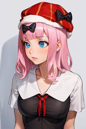 1girl, perfect,light,front view,front facing, best quality, aesthetics, detailed, alone, chika1, fujiwara chika, school uniform, black bow, hair_bow,  blunt bangs, collarbone, , large breasts 1 girl,High detailed,,Santa hat,short hair,santa costume,sntdrs,1girl,,chika1