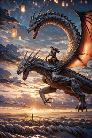 high quality, highly detailed, fantasy, warrior man,man,riding dragon ,warrior,wearing Armor,sword in hand,dragon,beautiful sky,clouds, sunlight,intricate lighting,potrait,ws7,flying in sky,sky lantern,Riding dragon ,Dragon 