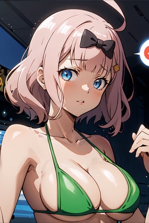 1girl, perfect,light,front view,front facing, best quality, aesthetics, detailed, alone, chika1, fujiwara chika, , black bow, hair_bow,  blunt bangs, collarbone, , large breasts ,1 girl,High detailed,bikini,short hair,1girl,,chika1, blunt bangs,fujiwara_chika,REIOVABIKINI