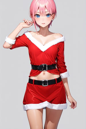 1girl, perfect,light,front view, front facing, ichika nakano, short hair, bangs, blue eyes, hair between eyes, pink hair, earrings,1 girl,High detailed,xy pose, full view, cleavage, navel, thighs,ichika nakano, from below, close up, ,sntdrs, red santa dress, fur, belt