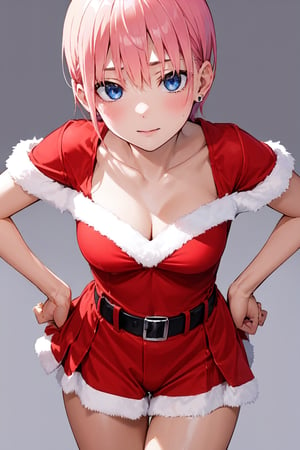 1girl, perfect,light,front view, front facing, ichika nakano, short hair, bangs, blue eyes, hair between eyes, pink hair, earrings,1 girl,High detailed,xy pose, full view, cleavage, navel, thighs,ichika nakano, from above, close up, ,sntdrs, red santa dress, fur, belt