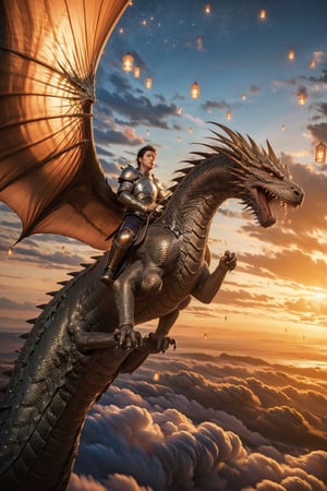 high quality, highly detailed, fantasy, warrior man,man,riding dragon ,warrior,wearing Armor,sword in hand,dragon,beautiful sky,clouds, sunlight,intricate lighting,potrait,ws7,flying in sky,sky lantern