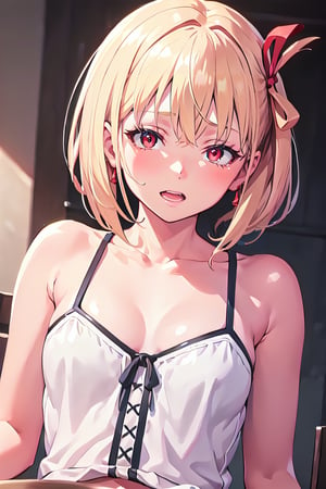 chisatonishikigi, , nishikigi chisato, short hair, bangs, blonde hair, (red eyes:1.5), hair ribbon, one side up, bob cut,BREAK japanese,shirt, bare shoulders, twintails, collarbone, hair ribbon, white shirt, white camisole,frills, off shoulder, BREAK outdoors, track and field,BREAK looking at viewer, BREAK , (masterpiece:1.2), best quality, high resolution, unity 8k wallpaper, (illustration:0.8), (beautiful detailed eyes:1.6), extremely detailed face, perfect lighting, extremely detailed CG, (perfect hands, perfect anatomy), vape ,ahg, eyes rolling, orgasm, ecstasy, climaxed, sexy , orgasmic expression, fucked brains out, showing cleavage, bending, going crazy in orgasm, ((((orgasm)))) ,white camisole