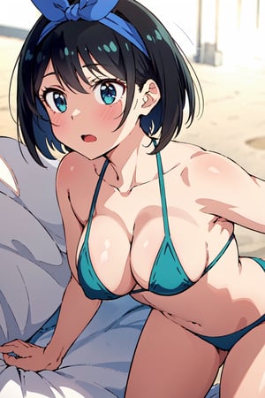 1girl, perfect,light,front view,front facing, 1girl, black hair, hairband, short hair, solo, hairband, blue eyes,ruka,  1 girl,High detailed,,short hair,,, 1girl,medium breasts, sarashina ruka, black hair, breasts, boobs,REIOVABIKINI, bikini, beach, front view,RukaSarashina,blue ribbon