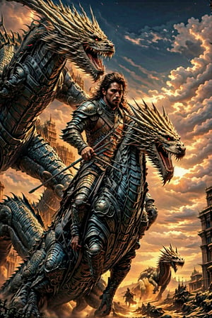 high quality, highly detailed, fantasy, warrior man,man,riding dragon ,warrior,wearing Armor,sword in hand,dragon,beautiful sky,clouds, sunlight,intricate lighting,potrait,ws7