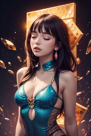 masterpiece, best quality, 1girl, closed eyes, upper body, splashing, abstract, psychedelic, neon, (honeycomb pattern), (creative:1.3), sy3, SMM, fantasy00d, hands behind back, 