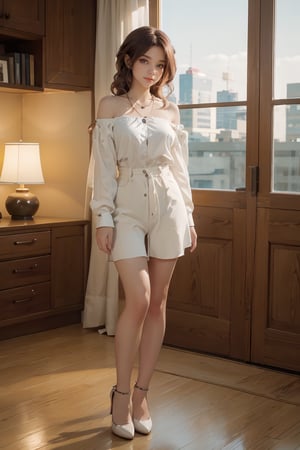 mj3d style,3dmm,3d,(full body shot:1.3), bokeh:1.2, indoors, standing in high-heels, looking at viewer,((shirt tug, over-sized white shirt with shoulders showing, necklace)), (22 years old woman), medium breast, small waist, long brown flowing hair glamour, (green eyes, beautiful eyes), beautiful face, perfect illumination, beautiful detailed eyes, looking at viewer, stunningly beautiful woman, detailed hairstyle,  good hands,  detailed hands, good feet, (8k, RAW photo, best quality, masterpiece:1.2), (realistic, photo-realistic:1.37), ultra high res, photon mapping, radiosity, physically-based rendering, (ambient light:1.3), (cinematic composition:1.0),professional soft lighting, light on face, ,Kafka(hsr),n0t