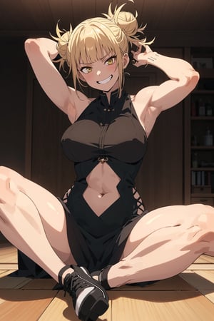 masterpiece, best quality, 1girl ,himiko toga, bangs, blonde hair, blunt bangs, hair bun, double bun, messy hair, medium breasts, mature female, breasts, tall girl, tallest girl, old sister, serious face, 1girl, bangs, solo, navel, evil grin, full body, sitting, nipples, spread legs,dress ,exposing armpits, showing armpits, big girl, michiking style, michiking, 1girl, smile,TogaHimiko