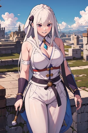 masterpiece, best quality, absurdres, perfect antomy, long_hair, cowboy shot, standing, outdoors, castle, medieval city, armor, bandage, 1girl, solo, Shihouin Yoruichi, white hair, bangs, looking at viewer, evil grin, toned, pants,sfr1v, dagger, potions, hood, medieval_clothes, medieval hood,