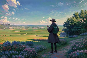 Adventurer waving goodbye to a farm, standing atop a hill, medieval traveler clothes, scenic, masterpiece, illustration, (by Claude Monet:1.3), (ghibli style:1.2)