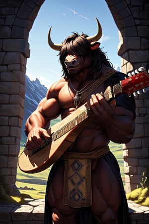 Huge Hulking (Male) minotaur,Hair over eyes, messy black hair, body covered in reddish-brown fur, dark reddish skin, (playing a medieval guitar:1.5), wearing a long loincloth),scenic Norwegian landscape, cow ears, realistic, ultra detailed, 8k, masterpiece, well_lit, bright lighting 