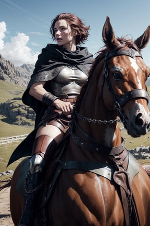 Beautiful female Rider of Rohan, auburn hair, freckles, wool cloak, chain mail shirt, leather pauldrons, leather bracers, riding a horse, extremely detailed, high_res, masterpiece, realistic