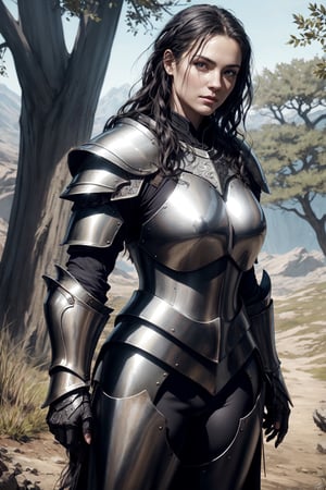 Beautiful female soldier of Gondor, black curly hair, Gondoran Soldier Armor, shiny silver plate armor, tree symbol on armor, extremely detailed, high_res, masterpiece, realistic