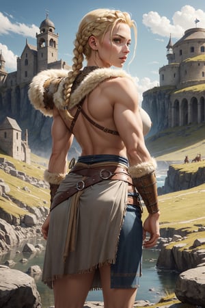 Stunningly beautiful female Viking warrior, blonde braided hair with (undercut), skimpy traditional Viking garb, wearing furs around waist, strong and muscular, viewed from the side, looking back at the viewer, scenic fantasy northern landscape, D&D, medieval fantasy, extremely detailed, high_res, masterpiece, realistic