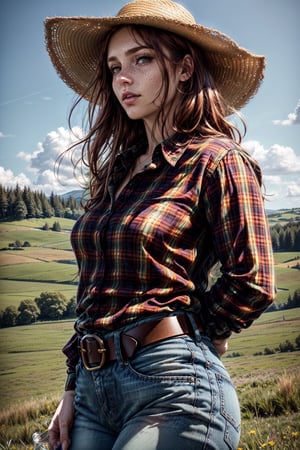 photorealistic, 1woman, reddish brown hair, curvy, flannel shirt, blue jeans, belt, straw-hat, meadow-background, freckles, green-eyes, pretty, stoic 