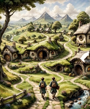 Hobbit adventurer returning to the shire, (walking away from the viewer:1.4), Hobbit hole houses,D&D, winding path through the shire, scenic countryside and farmland, traditional Japanese media, fantasy illustration, soft colors, dynamic walking pose, more detail XL, on parchment