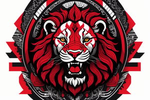 tribal art, featuring a intricately detailed girl, powerful, mysterious, high contrast, The design incorporates geometric patterns and bold linework to create a striking and powerful composition. Black background, 8k, ready to print illustration of hand drawn Lion, simple vector, black white Red, few colors and many shades, clean and sharp lines, only head