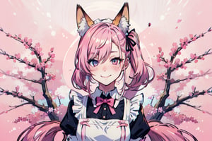 Female hot anime character, blushing, with fox tail and ear, sexy maid uniform, smiling at viewer. Standing in front of pink and white background ,no_humans,perfecteyes