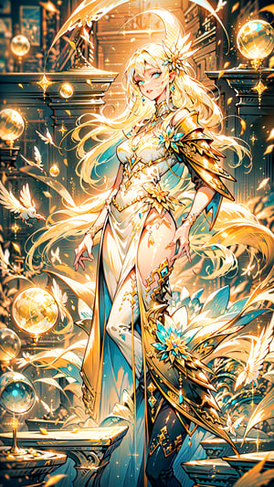 masterpiece, best quality, illustration, full body facing viewer, a beautiful witch casting a spell with planets around her, ornate white yellow and gold wizard clothes, white and yellow with yellow jewels, elegant, detailed celestial environment, luminous aura,  (dynamic lighting:1.2), cinematic lighting, delicate elegant facial features, detailed eyes,  blueeyes, long yellow hair, realistic pupils, depth of field, sharp focus, (hyper-detailed, bloom, glow:1.4), yellow hair, full lips, bright blue eyes, mystical atmosphere, kind face,Dark Fantasy,no_humans,1 girl