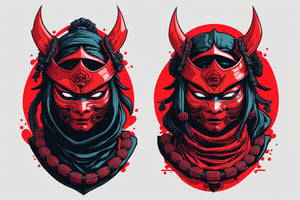 Leonardo Style, illustration, female ninja head, ,oni style ,vaporwave style, red and black only,vector art