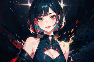 1 teen girl,solo, upper body,looking at viewer, black and red background, bob cut, short hair, black hair, makeup, black dress, , wicked smile, red lips, eyeliner, cleavage cutout,walkure /(takt op./), Mute midtones ,no_humans