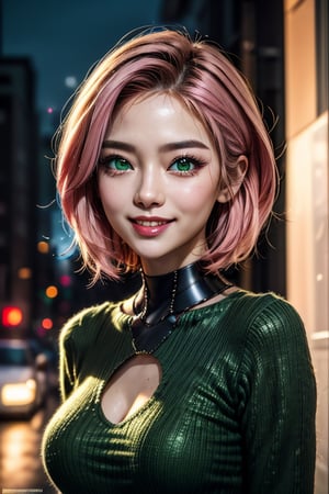 A beautiful pink head girl with emerald green eyes, smile, facial details, eye details, hair details, no_clothes, background of a cyberpunk street, night. Detailedface, Detailedeyes, detailedhair, dynamic pose.,perfecteyes,asian girl, medium_breasts, seductive pose