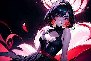 absurdres, highres, ultra detailed, (1girl:1.3),BREAK, infrared photography, otherworldly hues, surreal landscapes, unseen light, ethereal glow, vibrant colors, ghostly effect, unique pose, cleavage, medium_breasts, sadistic smile, short dress, black hair, very detailed black dress, red black background, mute midtones 