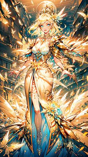 masterpiece, best quality, illustration, full body facing viewer, a beautiful witch casting a spell with planets around her, ornate white yellow and gold wizard clothes, white and yellow with yellow jewels, elegant, detailed celestial environment, luminous aura,  (dynamic lighting:1.2), cinematic lighting, delicate elegant facial features, detailed eyes,  blueeyes, long yellow hair, realistic pupils, depth of field, sharp focus, (hyper-detailed, bloom, glow:1.4), yellow hair, full lips, bright blue eyes, mystical atmosphere, kind face,Dark Fantasy,no_humans,1 girl