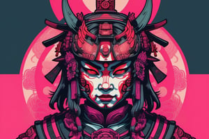 Leonardo Style, illustration, female samurai head, ,oni style ,mecha,vaporwave style, dark tones