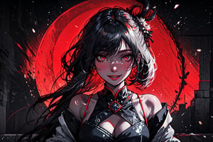 Mystical female Samurai, perfecteyes, red theme , mute mild tones, limited colour palette , facing front, dark background, black hair, black revealing dress, wicked smile, upper body shot, seducing 