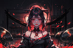 Mystical female Samurai,perfecteyes, red theme , mute mild tones, limited colour palette , facing front, dark background, black hair, black revealing dress, wicked smile, upper body shot