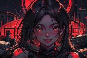 Mystical female Samurai gangster, perfecteyes, red theme , mute mild tones, limited colour palette , facing front, dark background, black hair, black revealing dress, wicked smile, only head