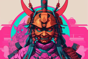 Leonardo Style, illustration, female samurai head, ,oni style ,mecha,vaporwave style