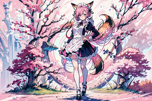 Female hot anime character, blushing, with fox tail and ear, sexy maid uniform. Standing in front of pink and white background ,no_humans,perfecteyes, full body,  female_solo, revealing_clothes