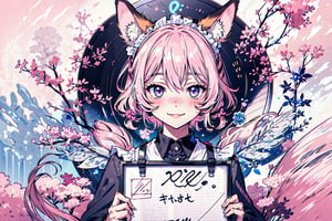 Female hot anime character, blushing, with fox tail and ear, maid uniform, holding a large blank white board with Two hands in front of her, smiling at viewer. Standing in front of pink and white background ,no_humans,perfecteyes