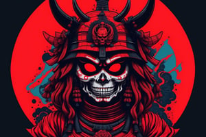 Leonardo Style, illustration, solo female samurai skull ,oni style ,vaporwave style, red and black only,vector art