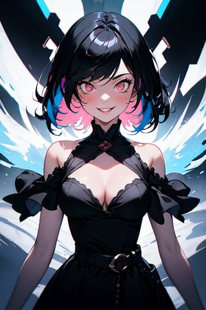 absurdres, highres, ultra detailed, (1girl:1.3),BREAK, infrared photography, otherworldly hues, surreal landscapes, unseen light, ethereal glow, vibrant colors, ghostly effect, unique pose, cleavage, medium_breasts, sadistic smile, short dress, black hair, very detailed black dress